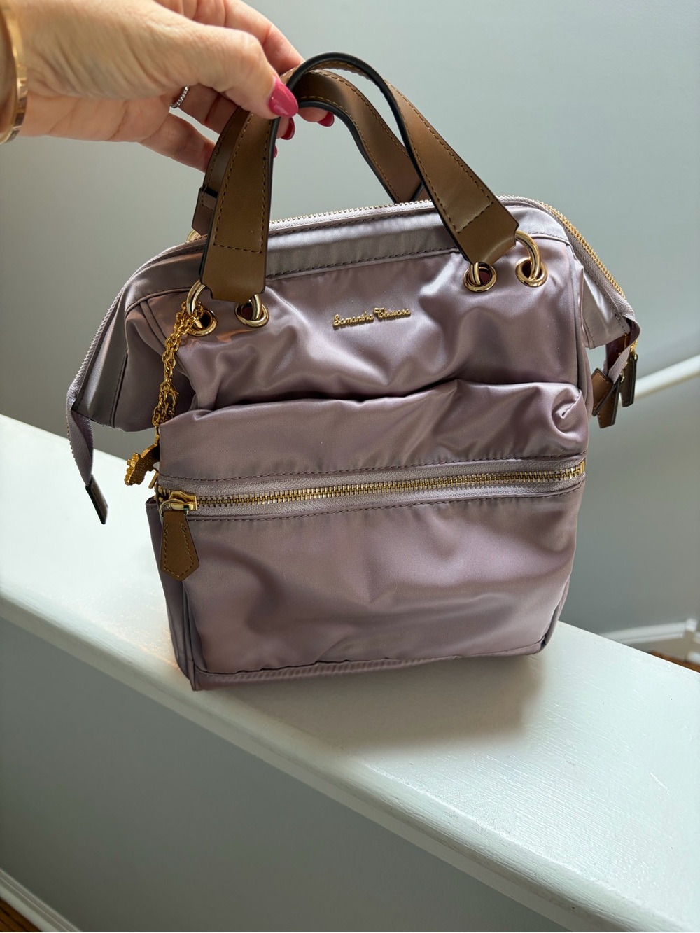 Samantha Thavasa Lavender Nylon Mini Tote with Brown Handles